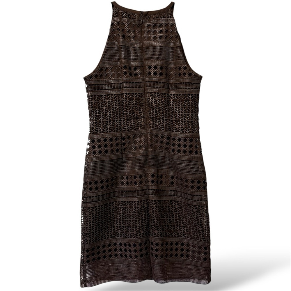 White House Black Market Size 0 Brown Metallic Lace Halter Dress Sheath Cocktail - Picture 4 of 8